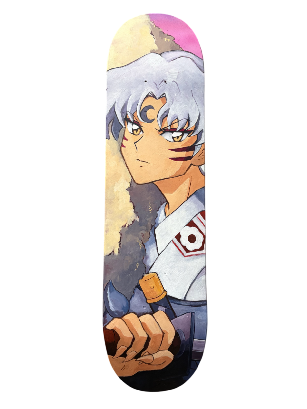 A skateboard deck featuring an anime-style character with silver hair, a crescent moon on their forehead, and markings on their face, wearing a white and red military-style uniform.