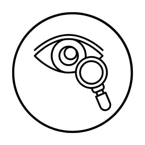 Outline of an eye with a magnifying glass over it, inside a circle.