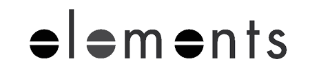 Logo with the word 'elements' in black and gray text, with the 'e' stylized as a black circle with a white horizontal line.