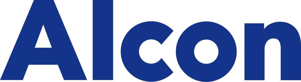 The word 'Alcon' in large, bold, blue letters on a black background.