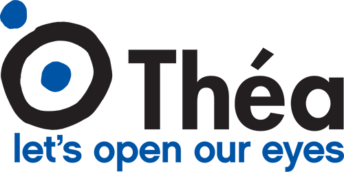 Logo with target symbol and the words 'Théa let's open our eyes' in black and blue text.