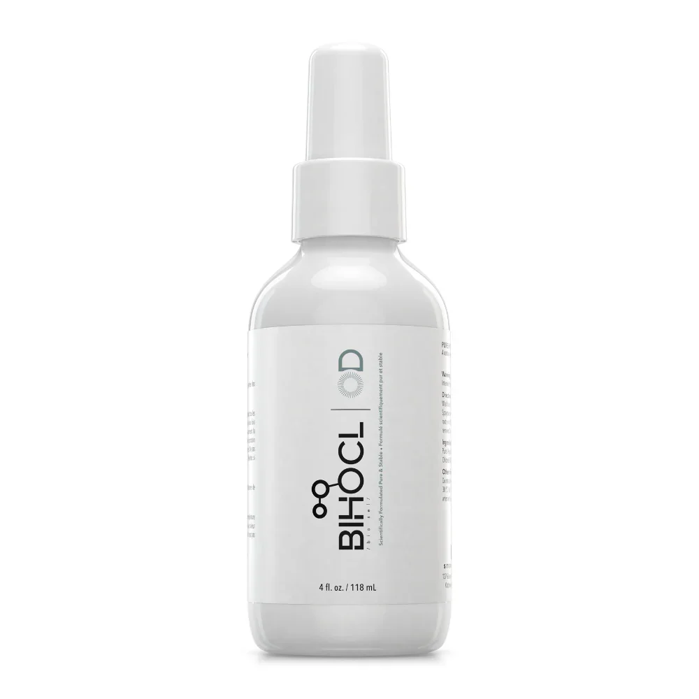 A white spray bottle with a white nozzle and label, featuring the logo and branding for BLD LOD, 118 milliliters or 4 fluid ounces.