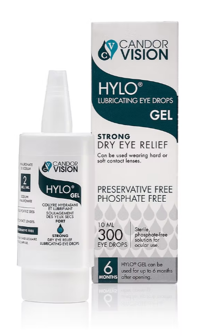 A box and a bottle of Candor Vision Hylo Gel lubricating eye drops for dry eye relief, 10 ml, showing 300 eye drops, sterile preservative-free phosphate-free solution in white packaging with blue and black text.
