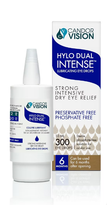 A bottle and box packaging of Candor Vision Hylo Dual Intense lubricating eye drops, with details about product features and usage.