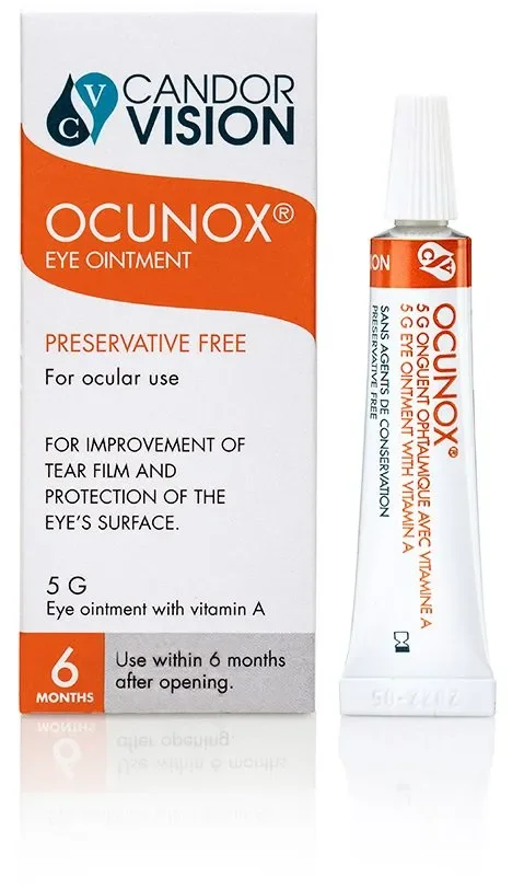 Box and tube of Candor Vision OCUNOX eye ointment, preservative-free with vitamin A, for ocular use, provides tear film improvement and eye surface protection, 5 grams, for use within 6 months after opening.