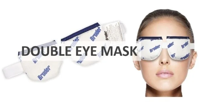 Woman wearing a double eye mask with the text 'Double Eye Mask' overlayed.