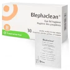 Box of Blephaclean eye wipes with 30 wipes, allergy-free, in white and green packaging.
