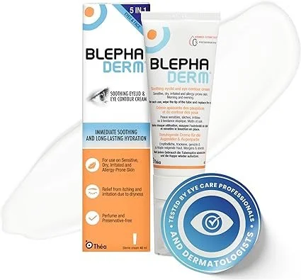 Box and tube of BlephaDerm soothing eyelid and eye contour cream with a white applicator spatula