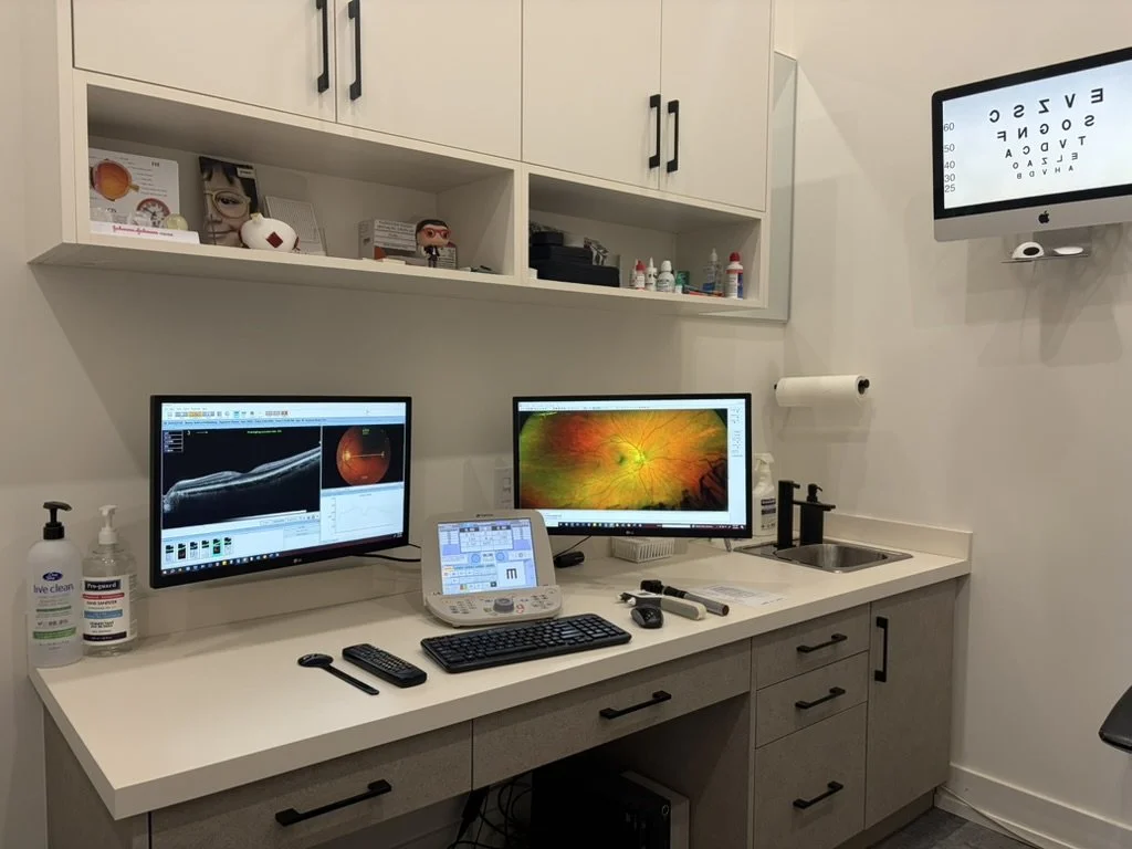 Medical office with two computer monitors displaying eye scans, eye examination tools, personal protective equipment, eye drops, and eye charts, indicating an ophthalmology or optometry clinic.