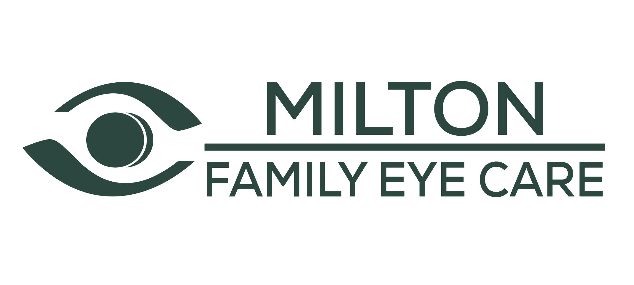 Logo for Milton Family Eye Care featuring a stylized eye with a circular center and curved lines, and the text 'Milton Family Eye Care' in dark green.