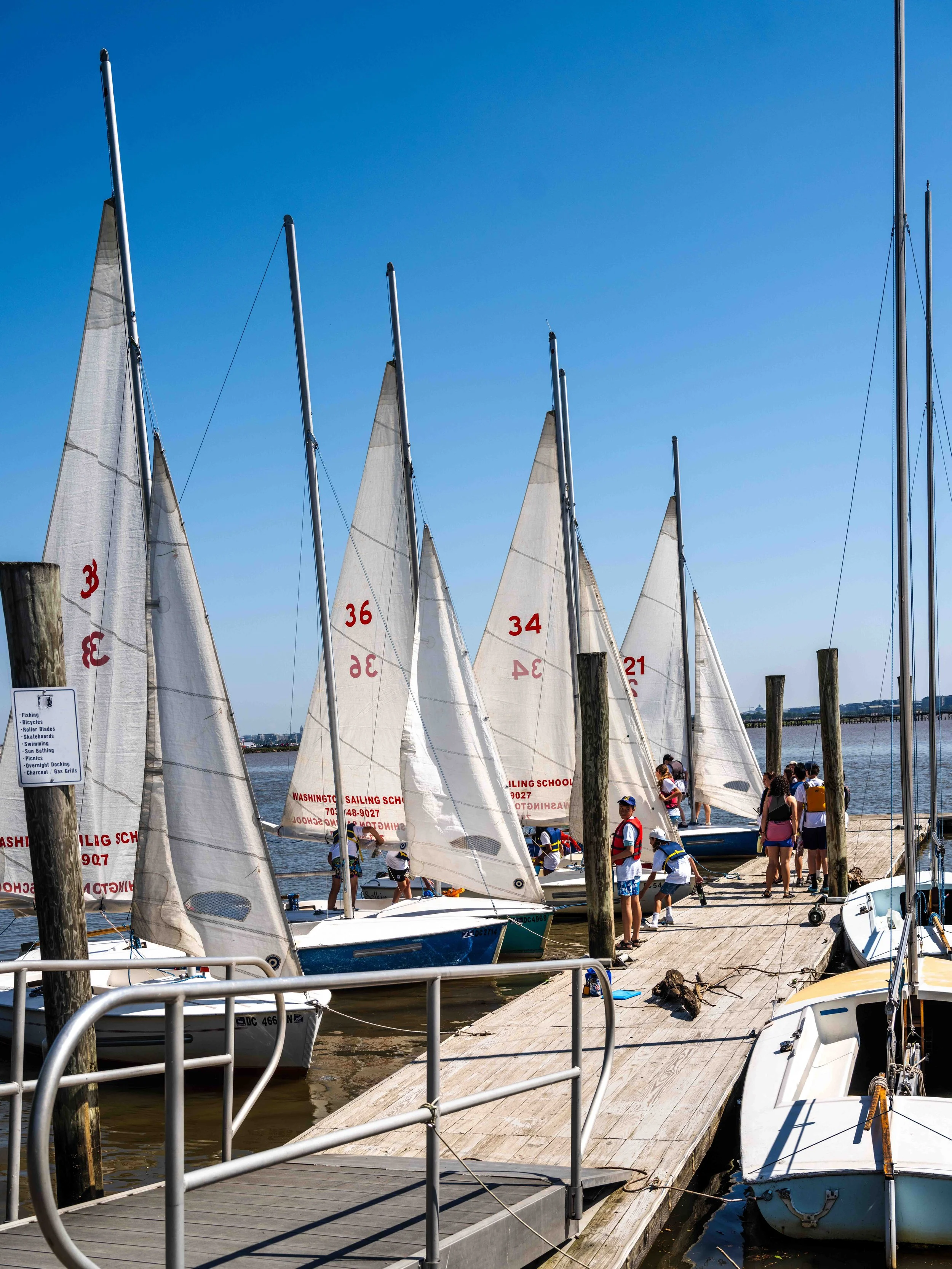 A row of training sailboats awaits launch at Washington Sailing School's waterfront facility.