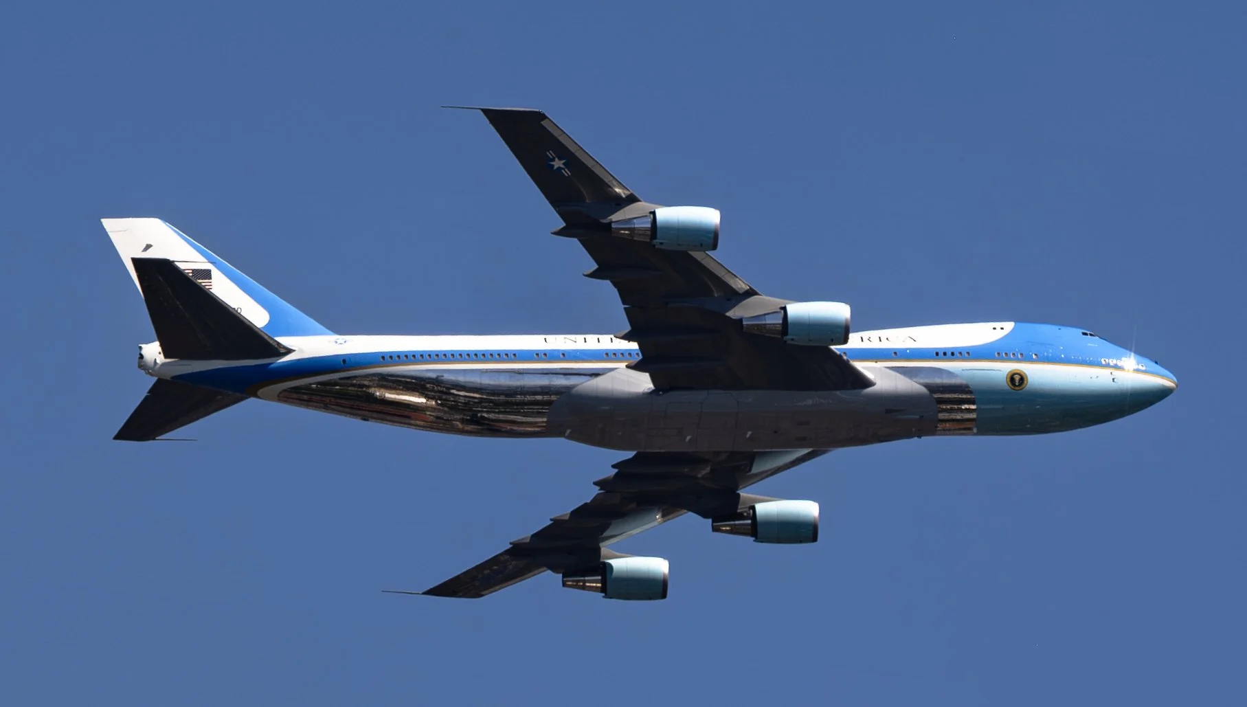 A Boeing VC-25 Air Force One aircraft passes over the National Mall as part of the America 250 aerial celebration.