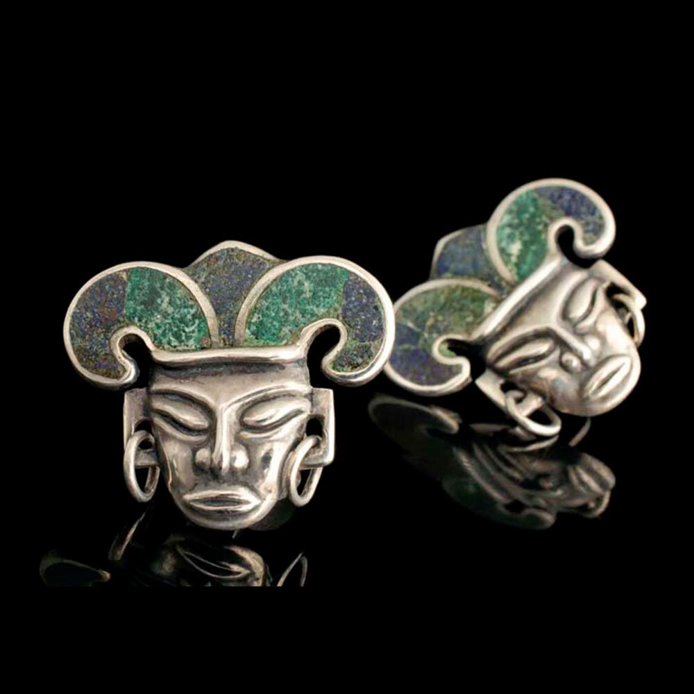 Los Castillo Mexican silver mozaico Azteca mask Earrings