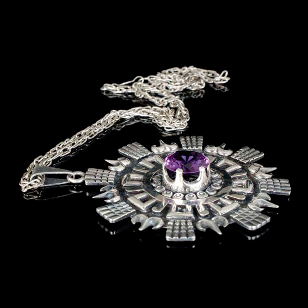 Los Ballesteros Mexican silver sunburst Pendant Necklace with sapphire