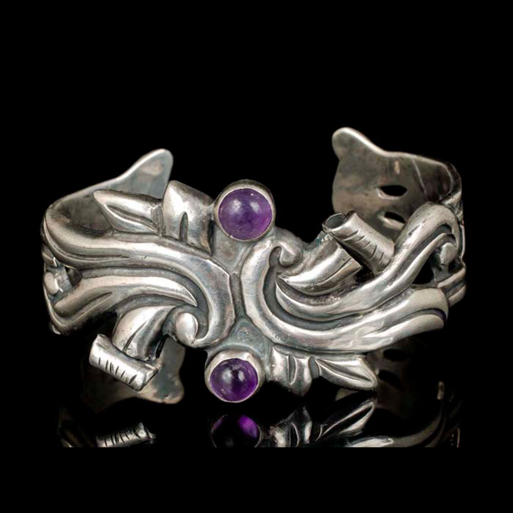Mexican Deco silver and amethyst Cuff Bracelet 