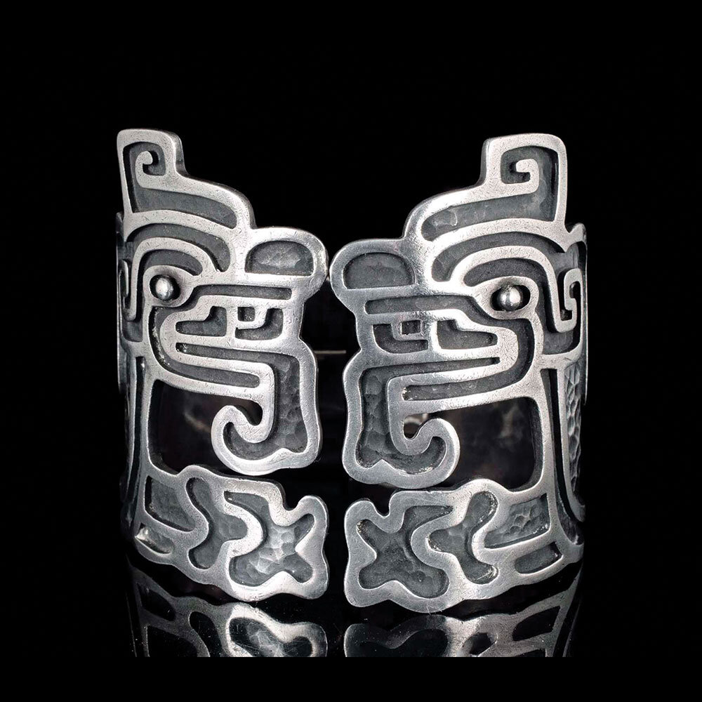 Rare Margot de Taxco Mexican silver Quetzalcoatl Clamper Bracelet