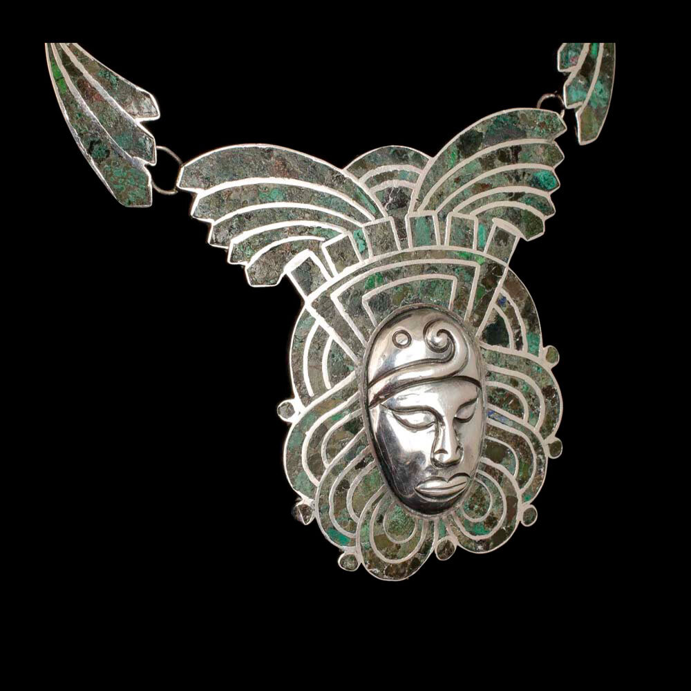 Mexican Deco silver repousse "mask" Necklace with azur-malachite