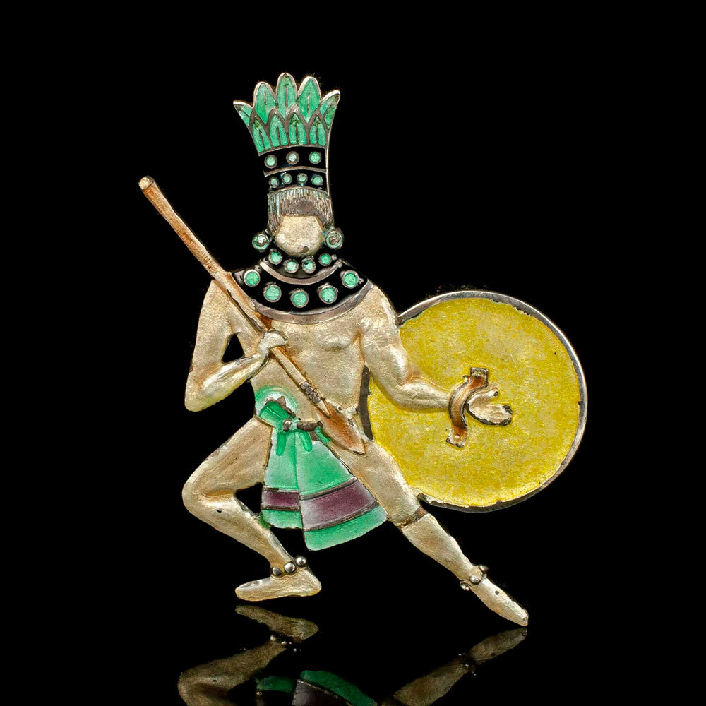 Margot de Taxco Mexican silver enamel "Aztec warrior" Pin / Pendant