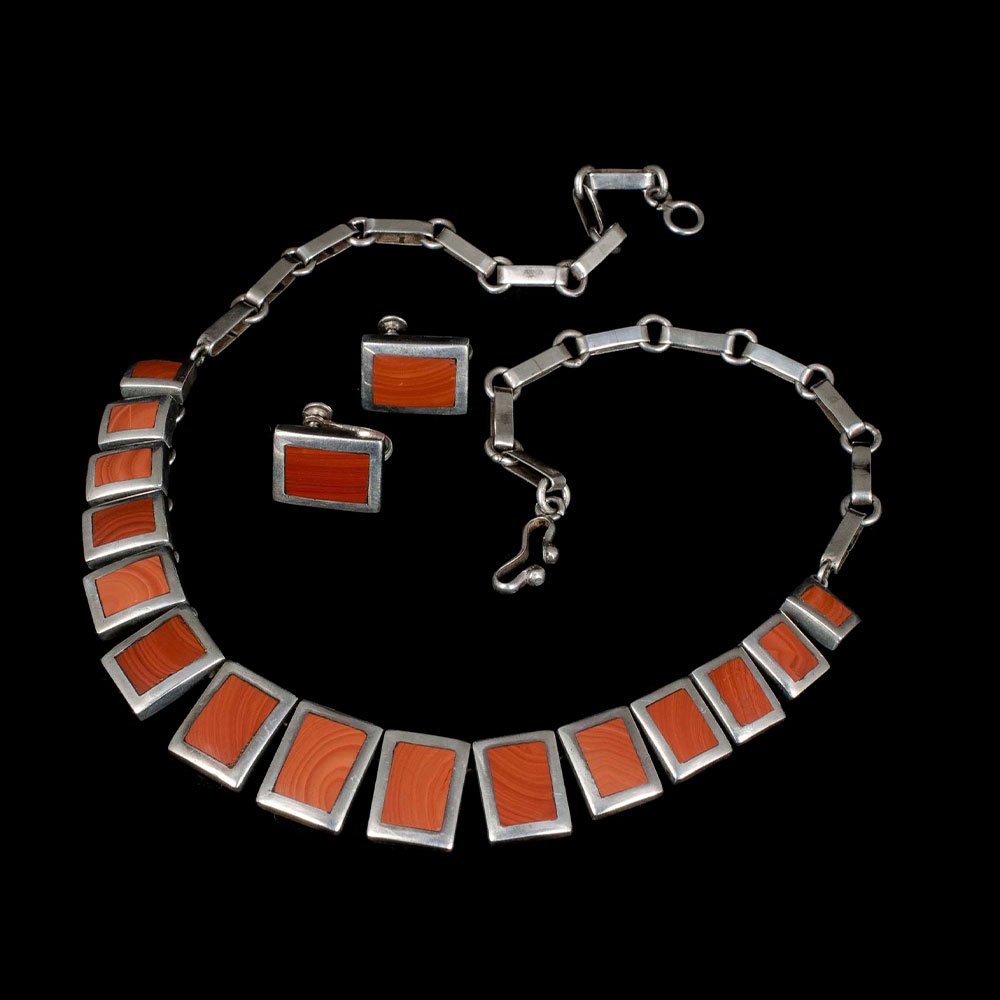 F Martinez Piedra y Plata Mexican silver jasper Necklace and Earrings 