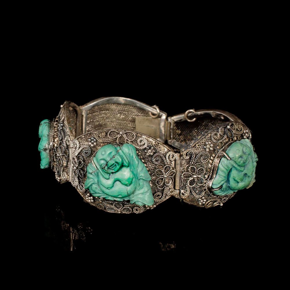 Chinese Deco silver and carved turquoise "Buddha" Bracelet