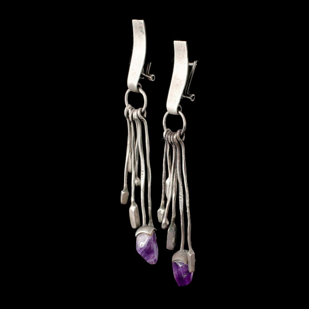 1970s brutalist silver and amethyst dangle Earrings