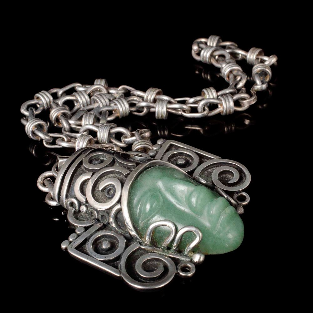 Mexican Deco silver and chrysoprase "mask" Pendant Necklace