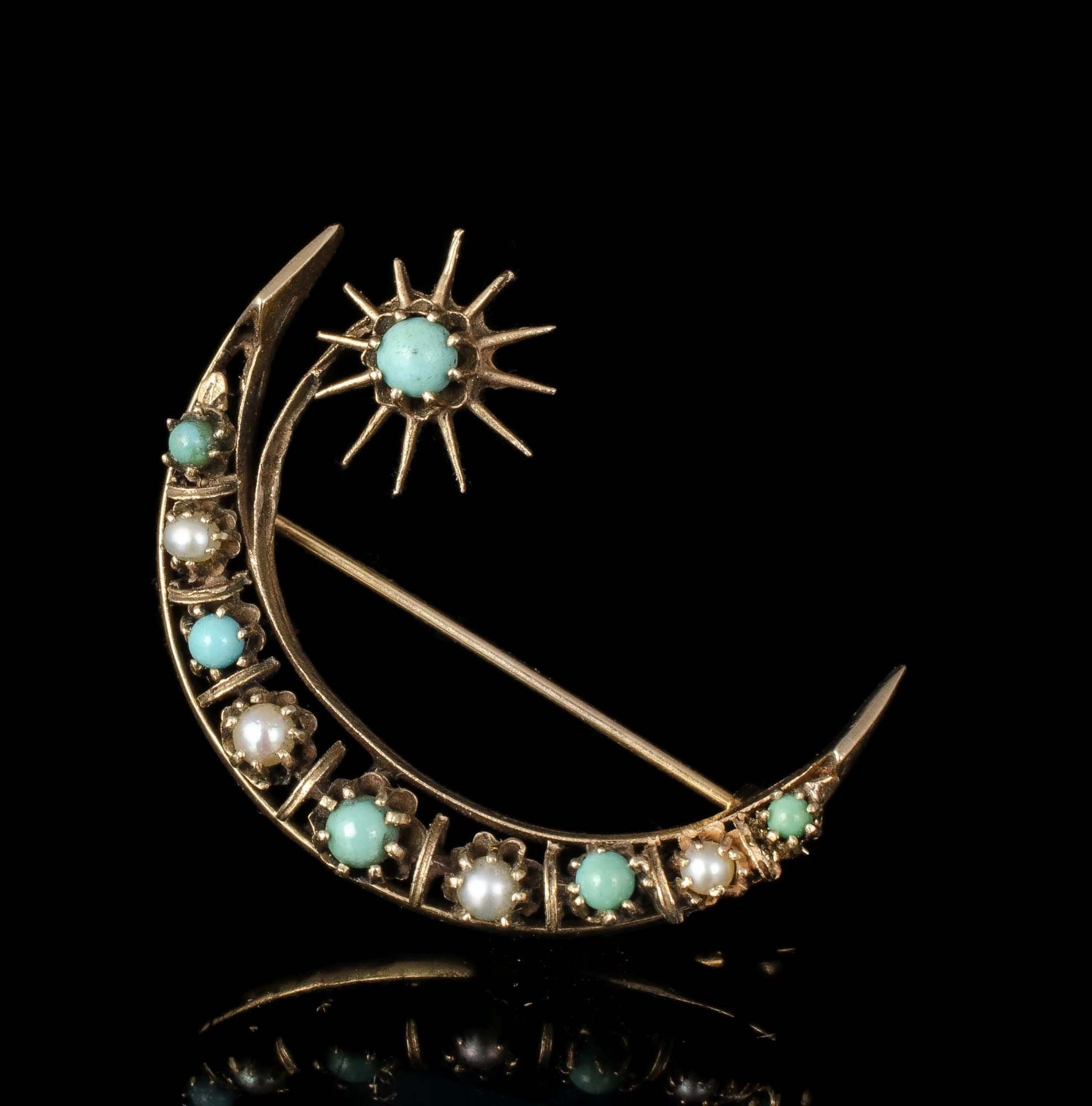 Victorian Revival 14k gold seed pearls and turquoise crescent moon Brooch
