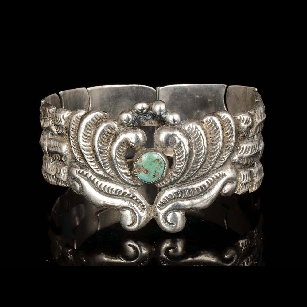 Mexican Deco silver turquoise Bracelet ~ Matl style repousse