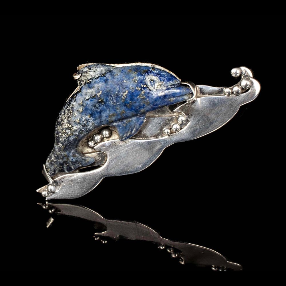 vintage silver and lapis "dolphin in the waves" Brooch
