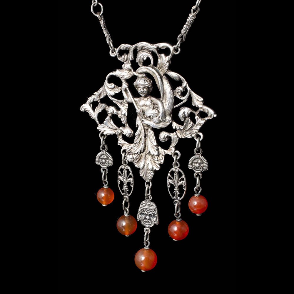 Italian Renaissance Revival silver carnelian "child and dolphin" Necklace