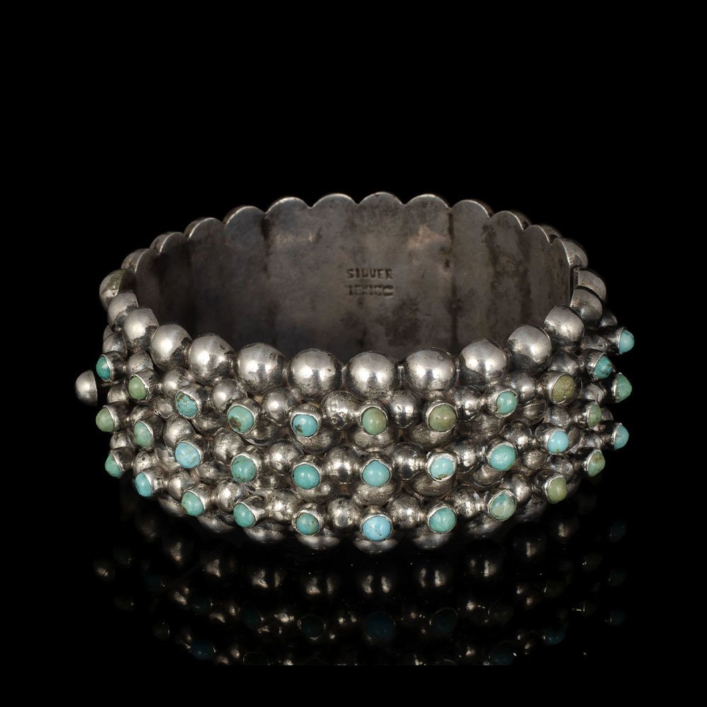 Mexican Deco silver semi-spheres and turquoise Bracelet