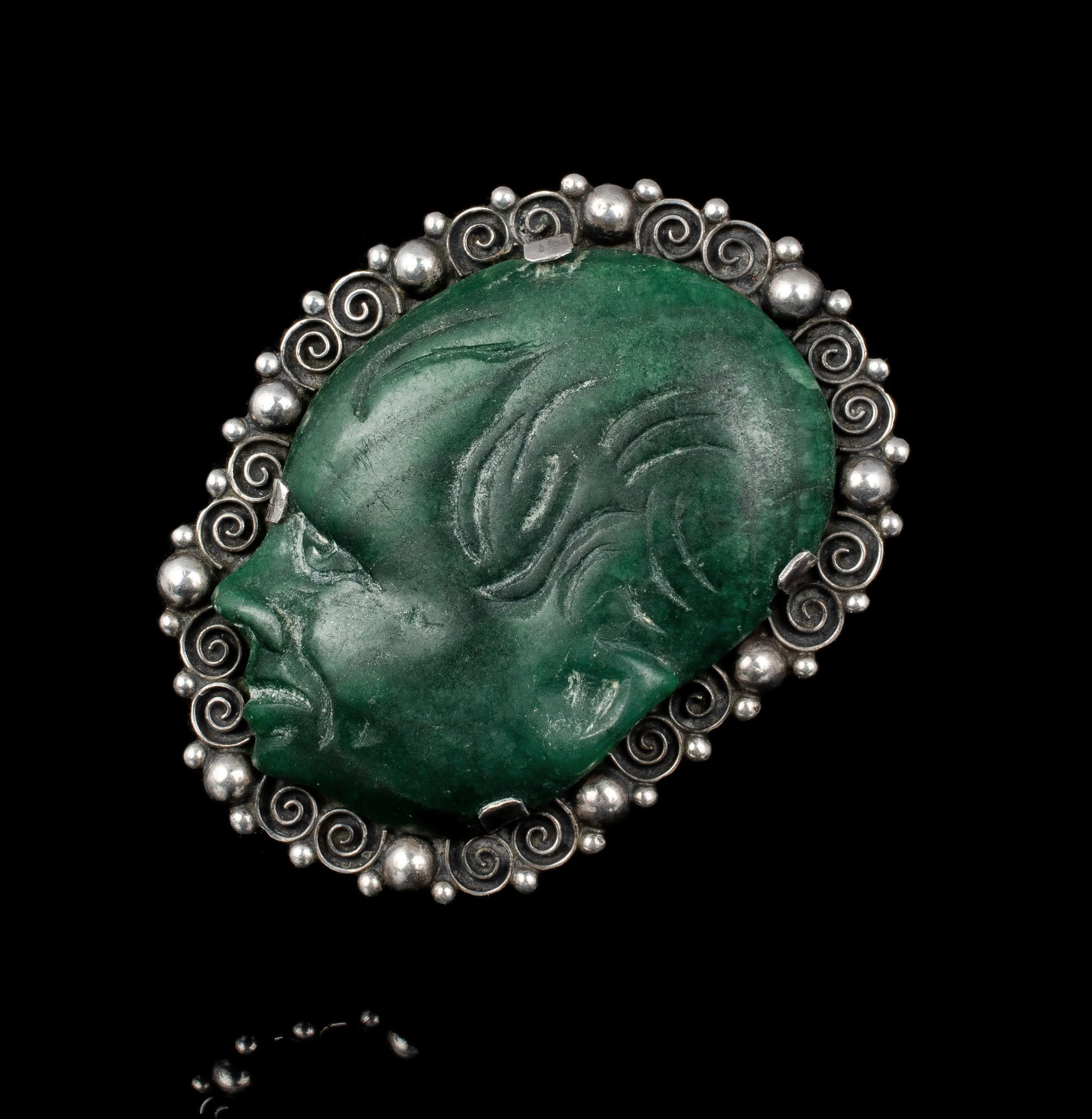 A. Tobias Mexican Deco silver and stone "portrait" Brooch