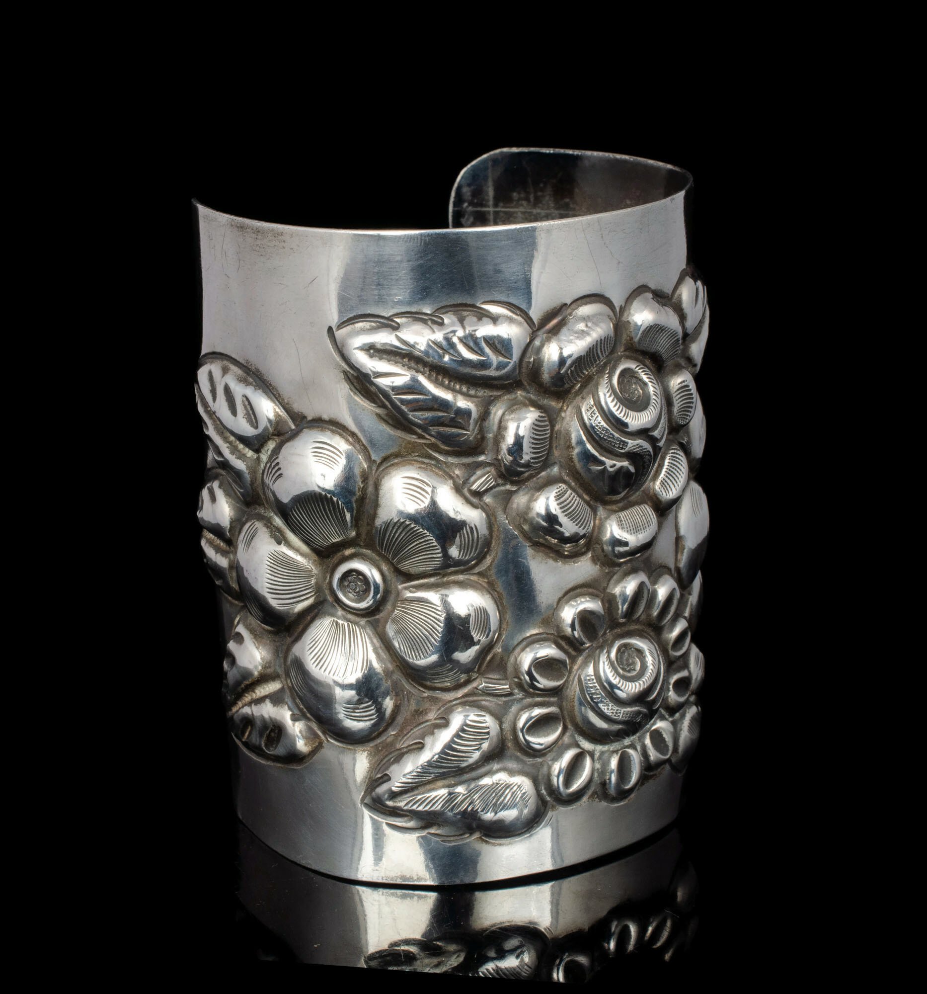 A Tobias Mexican Deco silver repousse Cuff Bracelet ~ Aztec Roses