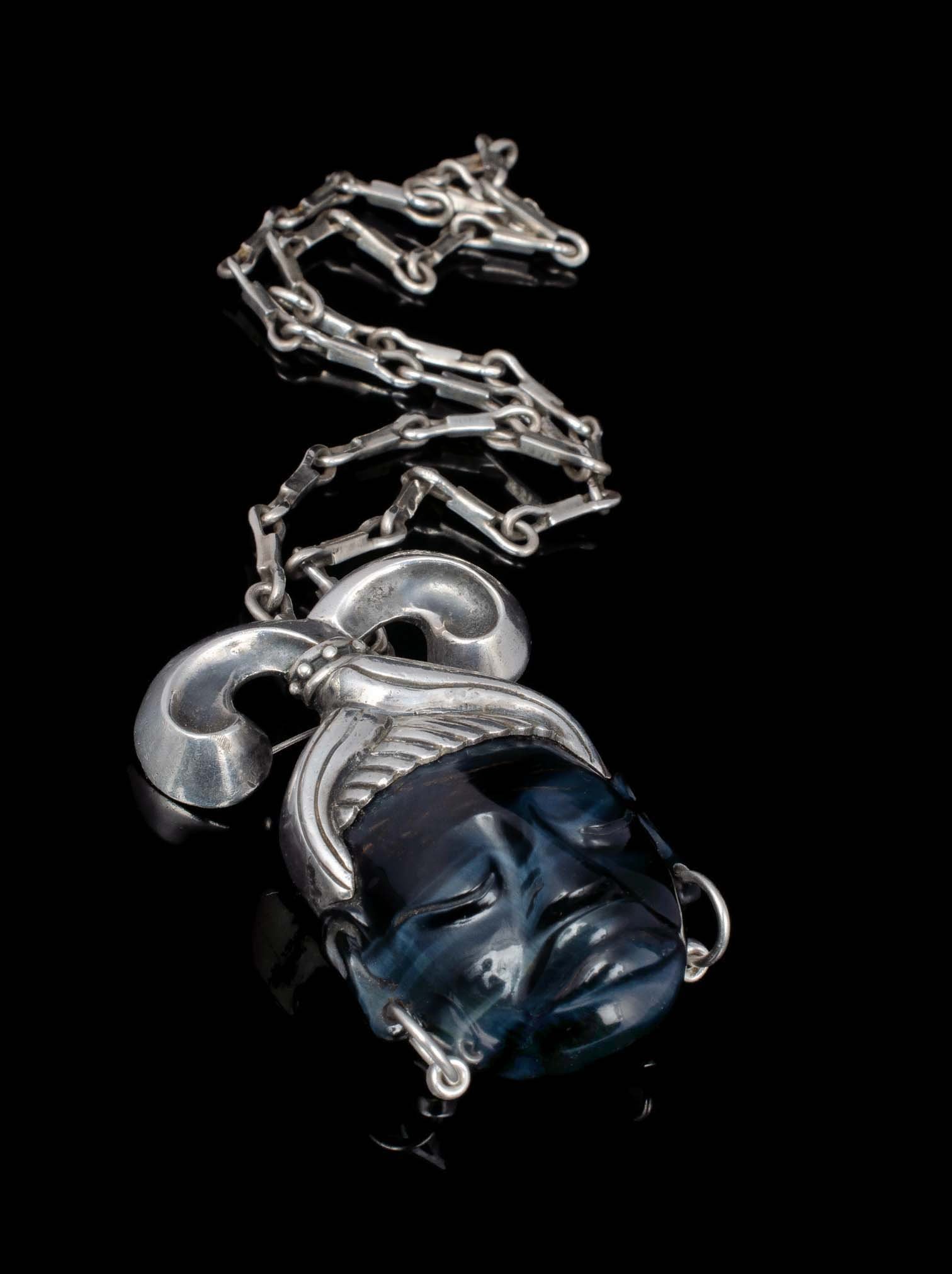 Felipe Martinez Piedra y Plata Mexican silver "mask" Pin / Pendant Necklace