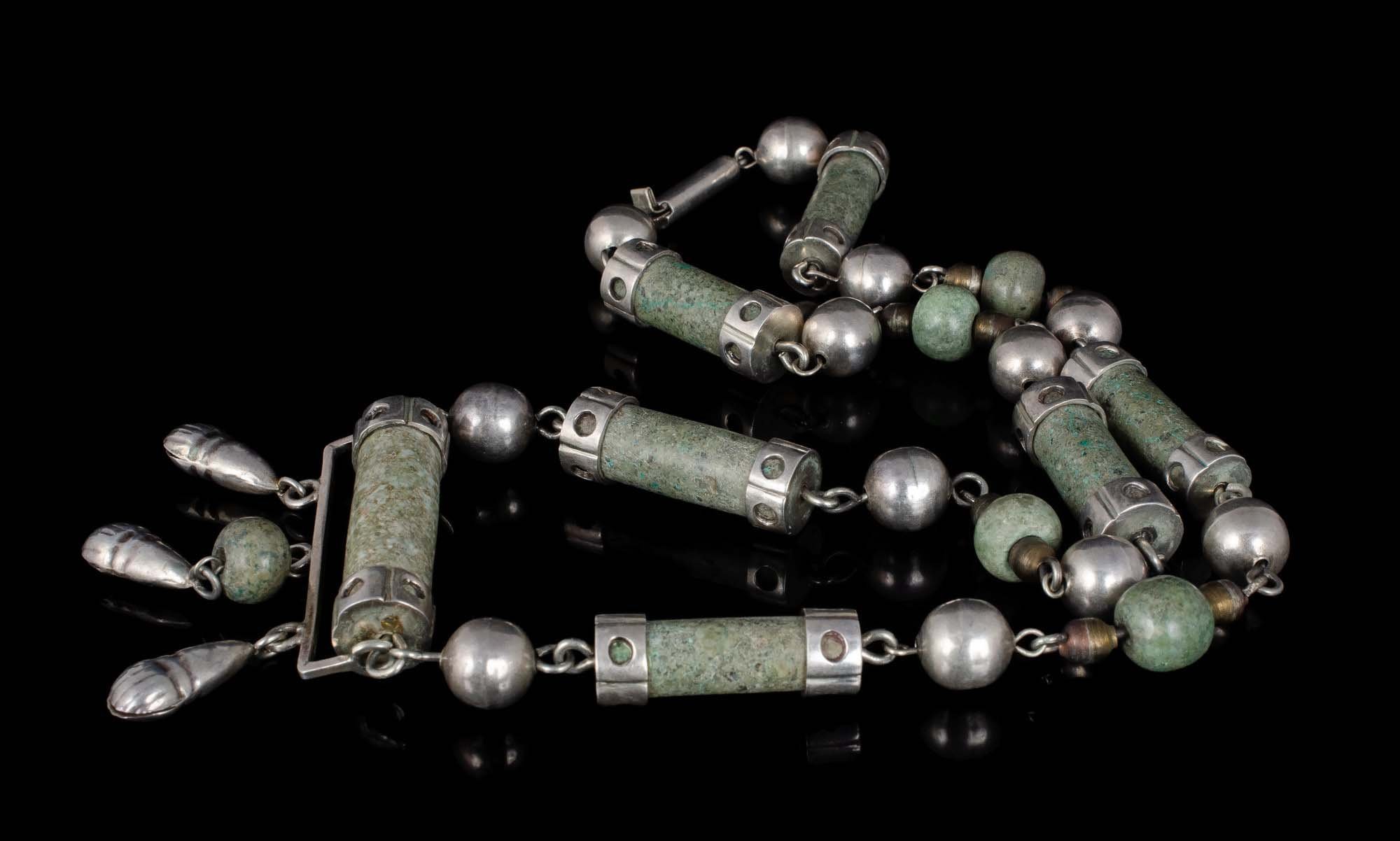 long Mexican Deco silver and stone Necklace ~ ancient beads and