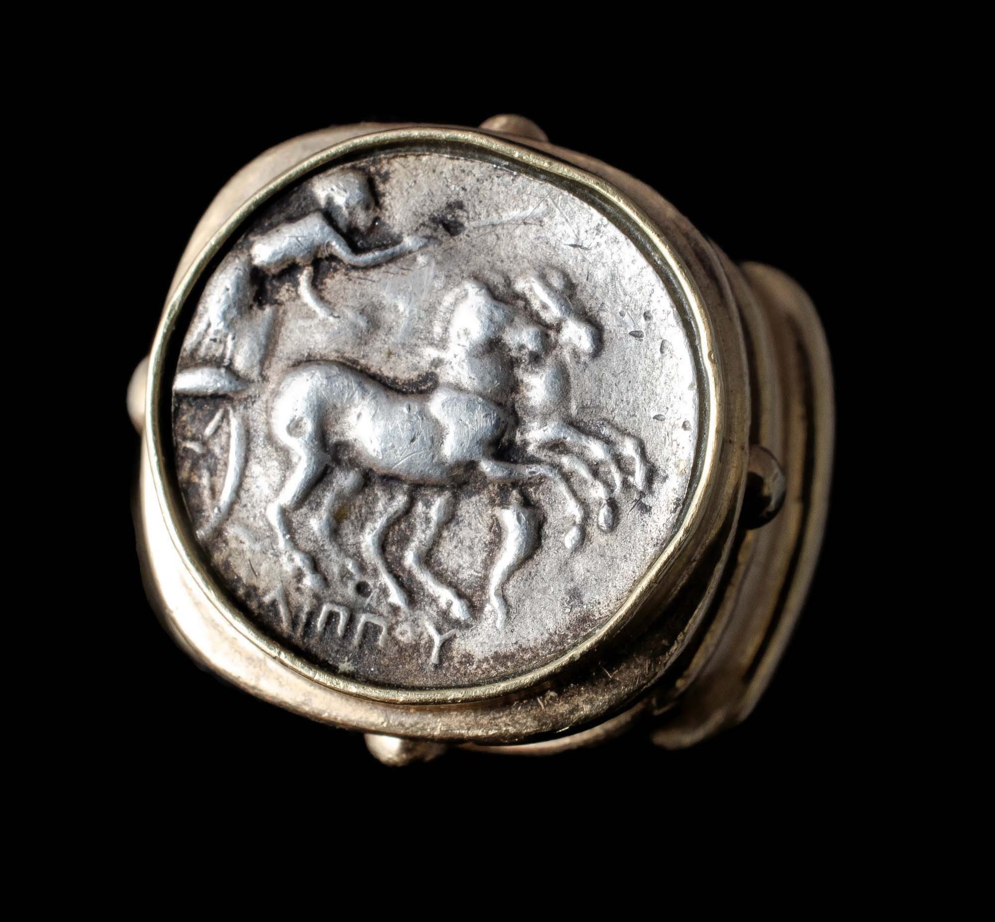 architectural Greek Revival 14k gold and silver coin Ring