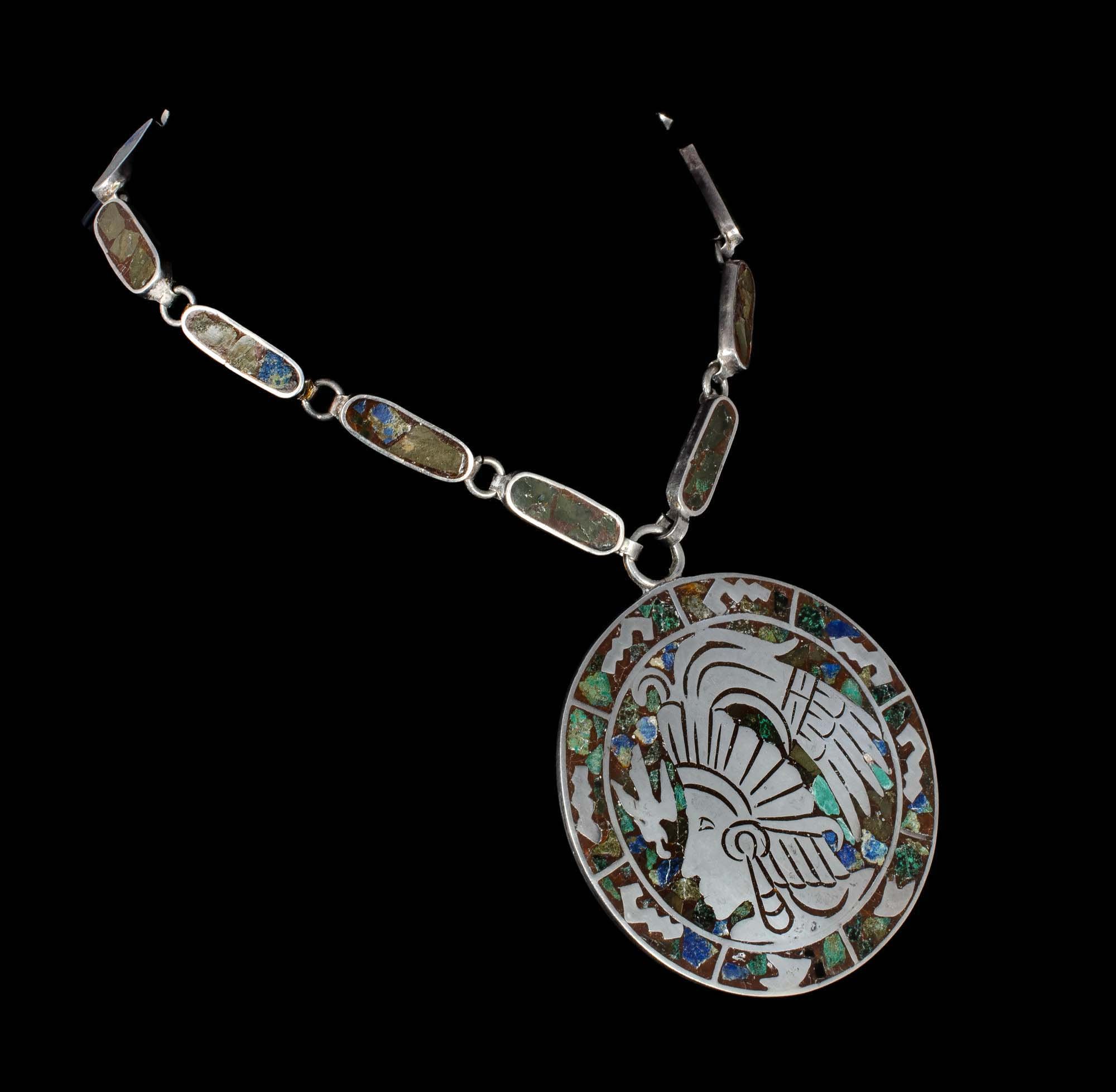 Jose Anton Mexican silver azur-malachite "warrior" Pendant Necklace
