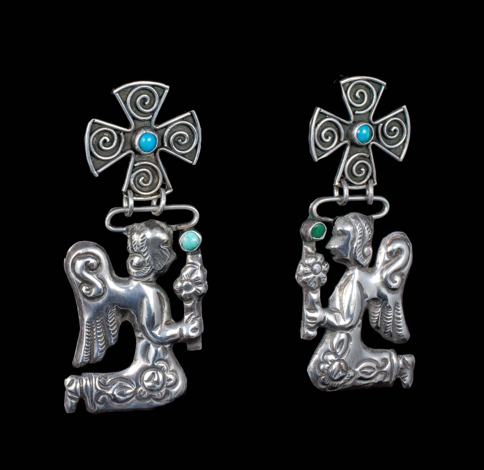long Matl Mexican silver turquoise "angel" Dangle Earrings