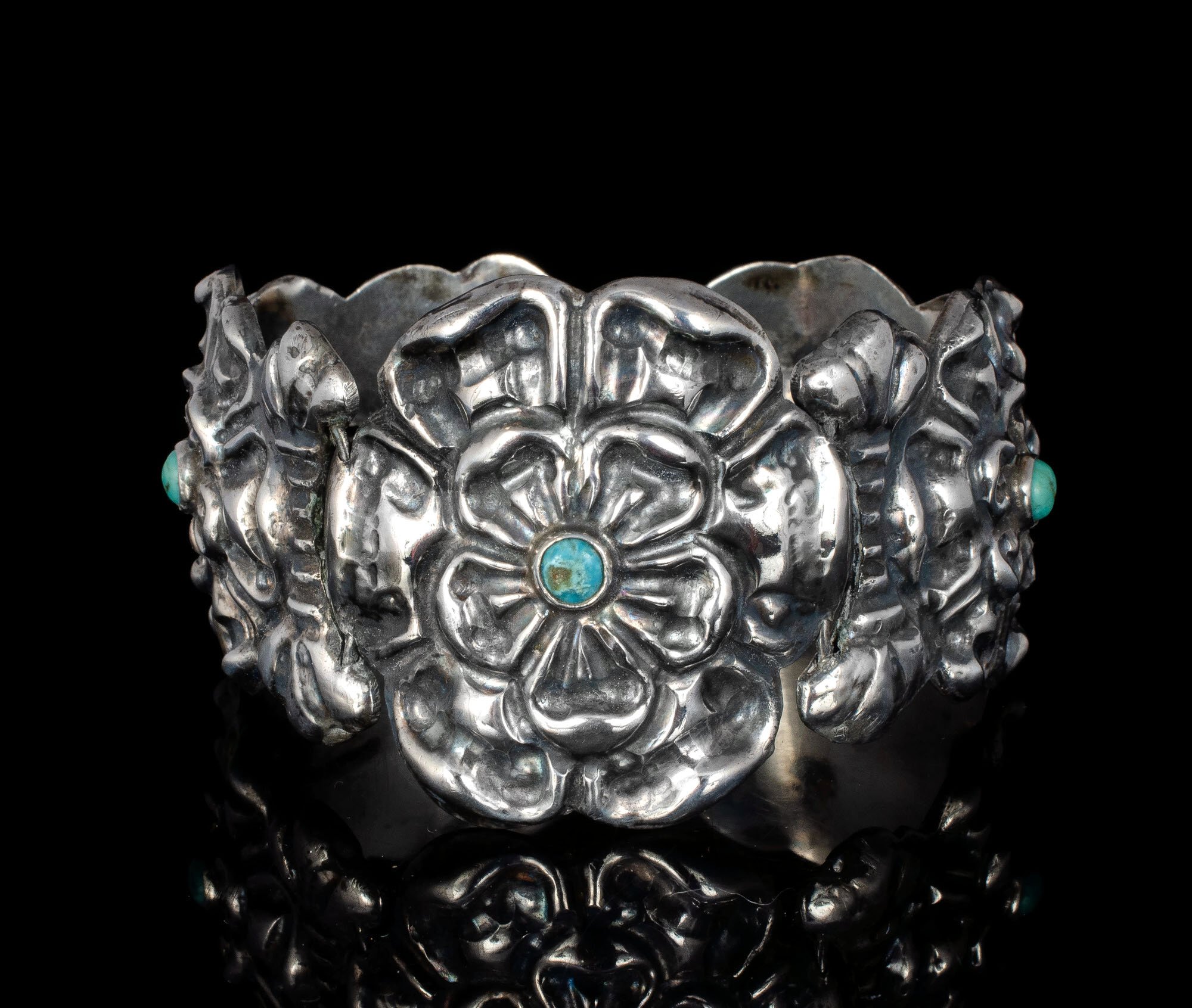 Mexico City repousse silver and turquoise "peyote flower" Bracelet