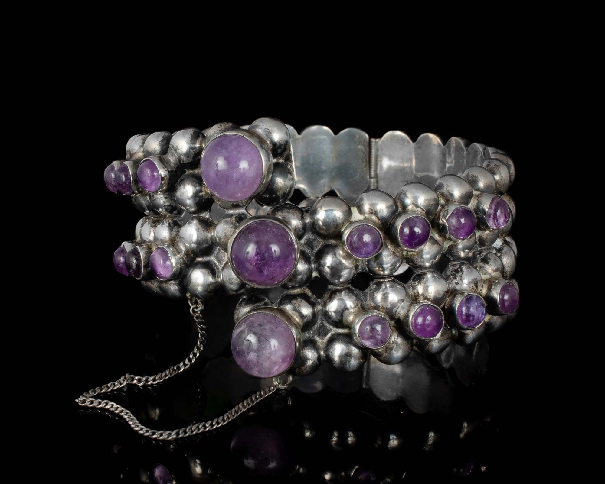 Mexican Deco silver and amethyst multi-row beaded Bracelet