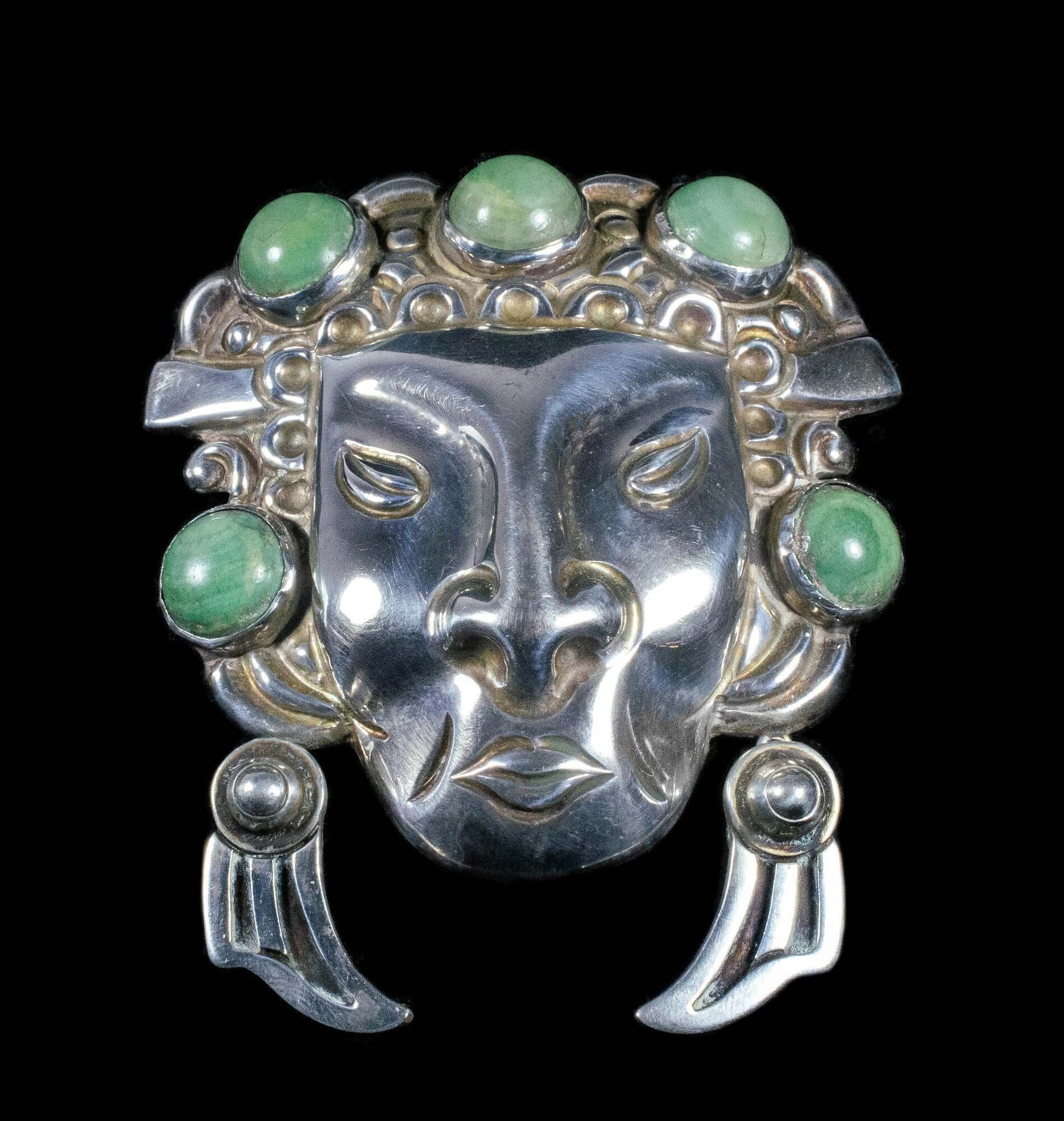 Mexican Deco silver and stone "mask" Pin Pendant with Los Castillo earrings