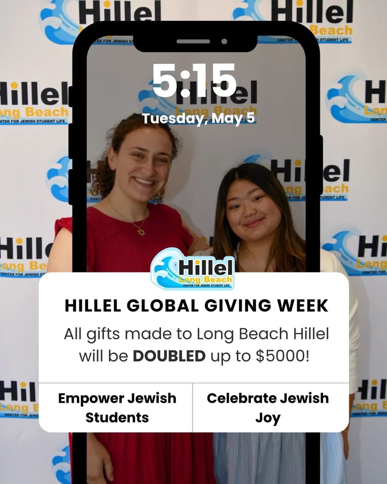 It&rsquo;s time to show up for Jewish college students across Long Beach - and it only takes a moment! It&rsquo;s #HillelGlobalGivingWeek, and ALL gifts made to empower Jewish students and celebrate Jewish joy are DOUBLED up to $5,000! Every gift cou