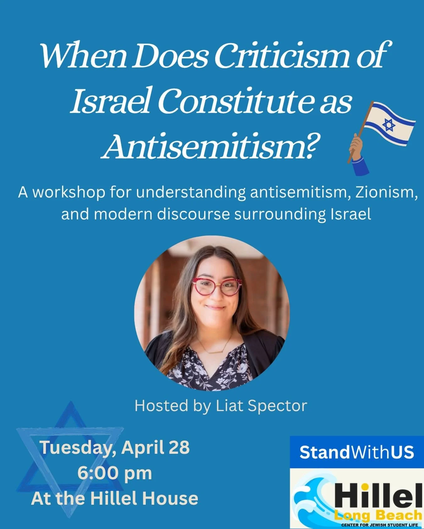 Food will be provided! 🍽️

When does criticism of Israel cross the line into antisemitism?

Join us for an important and engaging conversation with Liat Spector as we break down antisemitism, Zionism, and today&rsquo;s discourse around Israel.

📅 T