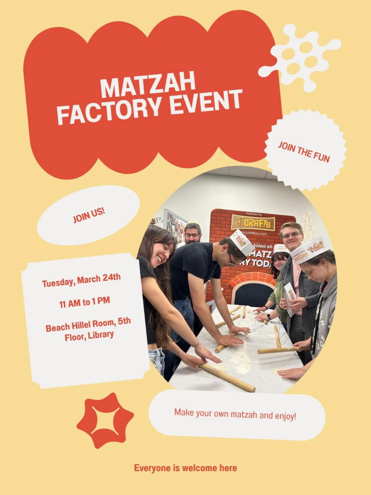 Join us for an exciting Matzah Factory with Rabbi Sender.
Get hands-on, make your own matzah, and feel the spirit of Passover.
Bring your friends and be part of the tradition! ✡️