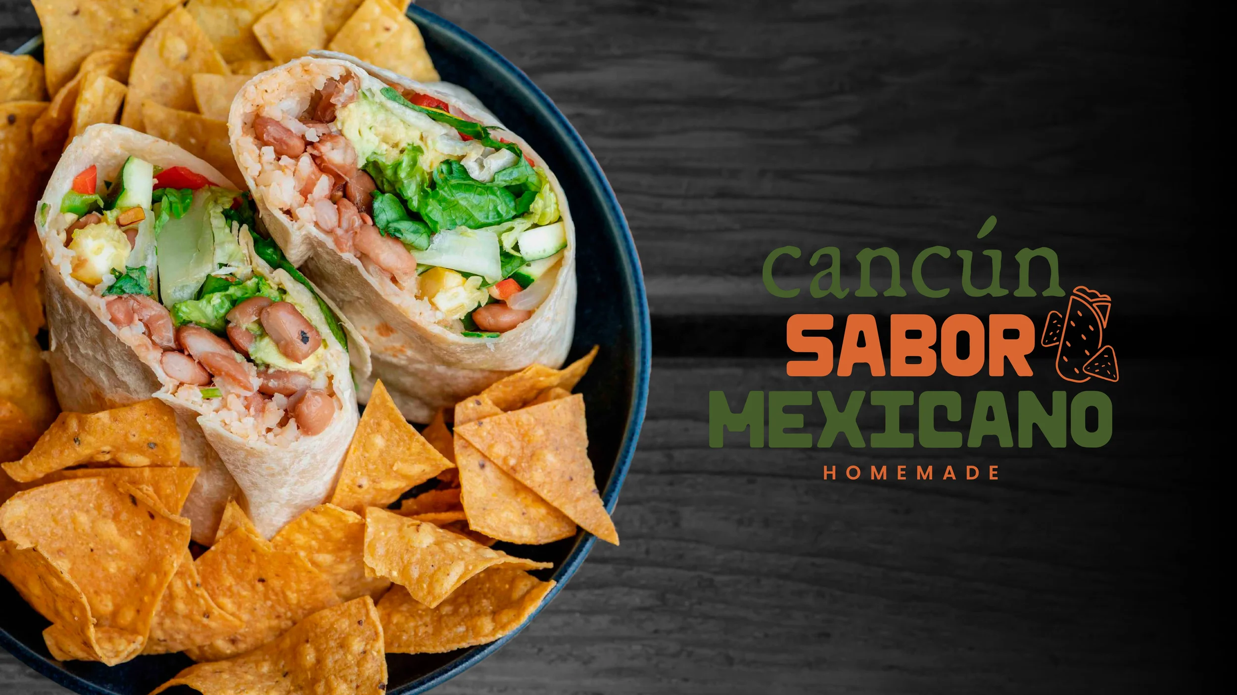 Close-up of a plate with a breakfast burrito filled with eggs, beans, and vegetables, surrounded by tortilla chips.