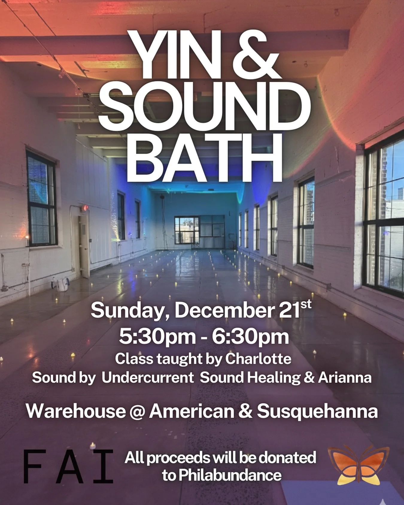 🕯️ Yin &amp; Sound Bath @ FAI Warehouse 🕯️

Join us at FAI Warehouse on Sunday, December 21st as we close out Winter Solstice Week. Charlotte will guide you through a grounding Yin practice while @undercurrentsoundhealing and @arianna.pchola fill t