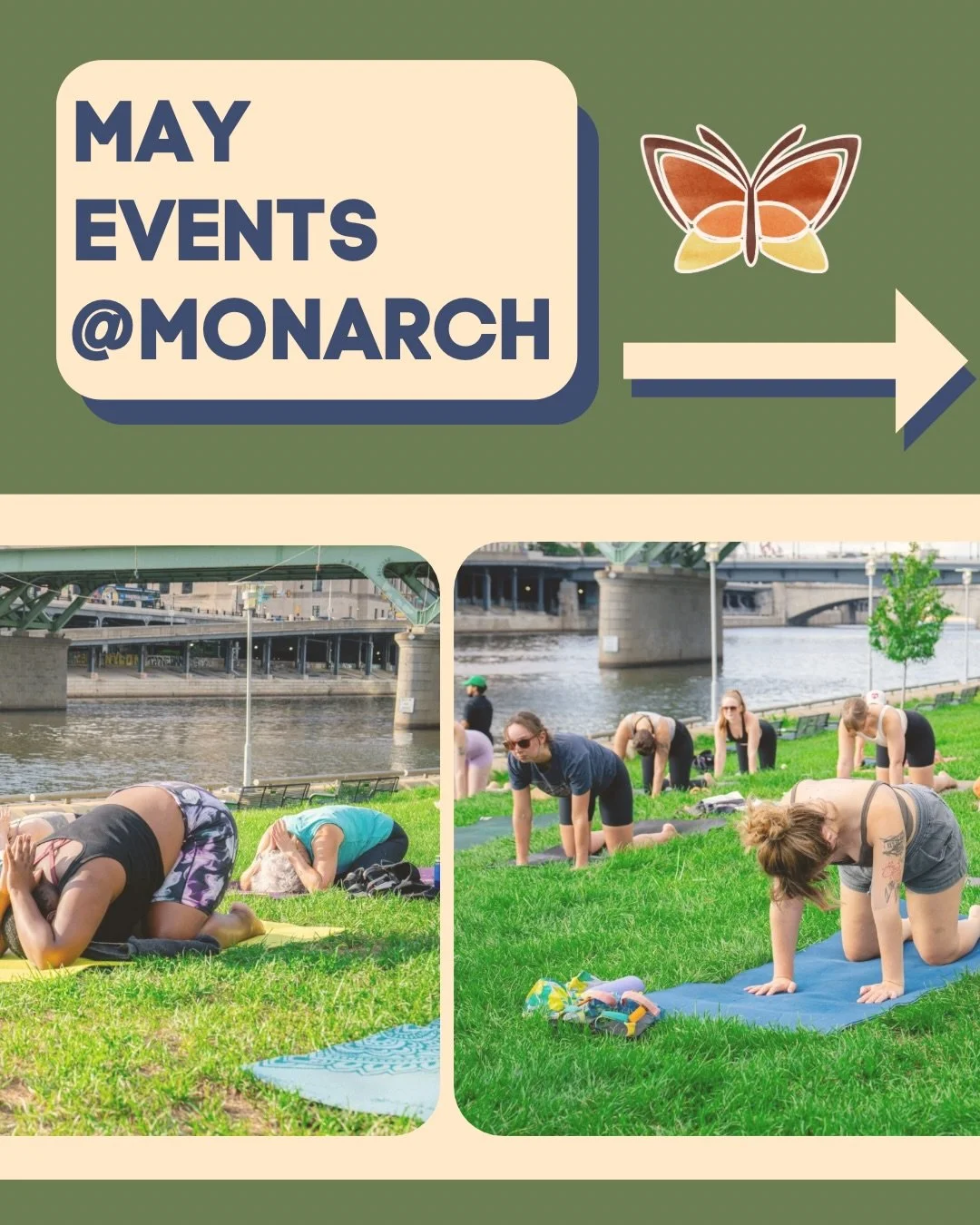 ☀️May Events☀️

🌳Five Dollar Flow @ The Schuylkill River Trail🌳
Monday, Wednesday, Friday, Saturday &amp; Sunday @monarchyogaonthebanks 

🌼Five Dollar Flow @ Powers Park🌼
Mondays &amp; Friday @ 6:15pm 

🌻Five Dollar Flow @ Pulaski Park🌻
Saturda