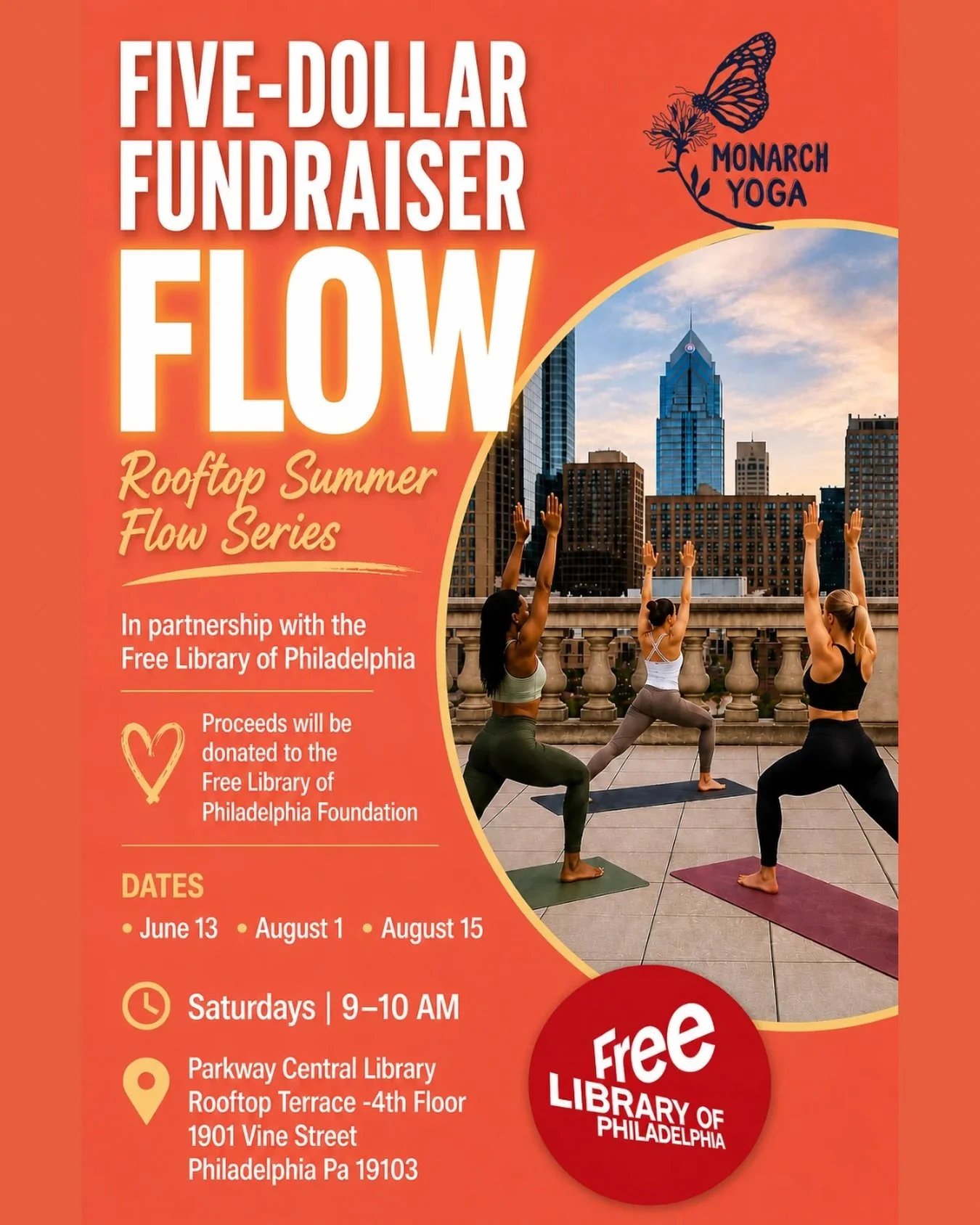 📚 Rooftop Summer Fundraiser Flow Series 📚

We&rsquo;re partnering with Free Library of Philadelphia for a series of Five-Dollar Fundraiser Flows on the Parkway Central Library rooftop terrace this summer. An hour to move, breathe, take in the sky