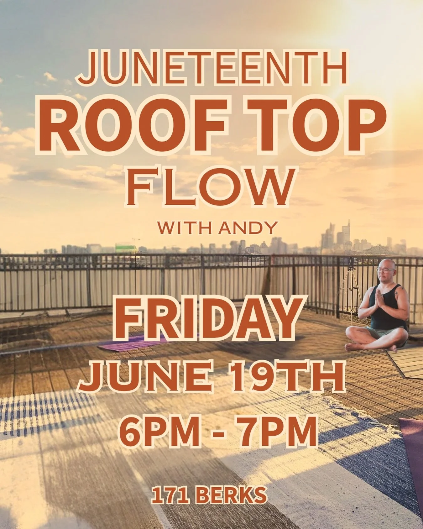 ☀️ Juneteenth Rooftop Flow ☀️

Join @an_dy_chen on Friday, June 19th for a special rooftop edition of our 6pm class.

Start the holiday weekend with an evening practice, fresh air, and sunset views from roof deck at 171 W. Berks. Proceeds from all dr