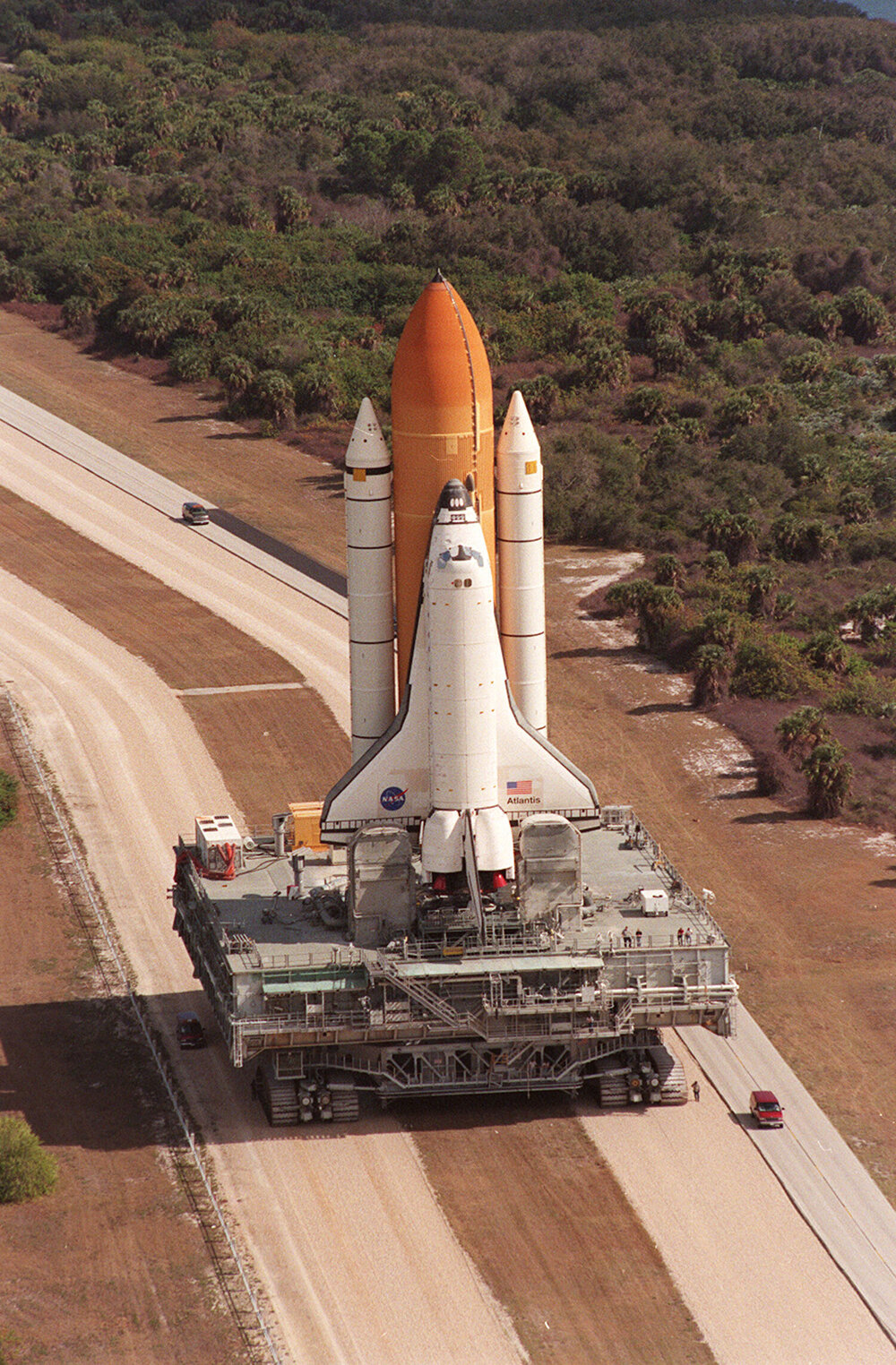 NASA Transport-Crawler taking the Atlantis Space Shuttle to the launch pad.